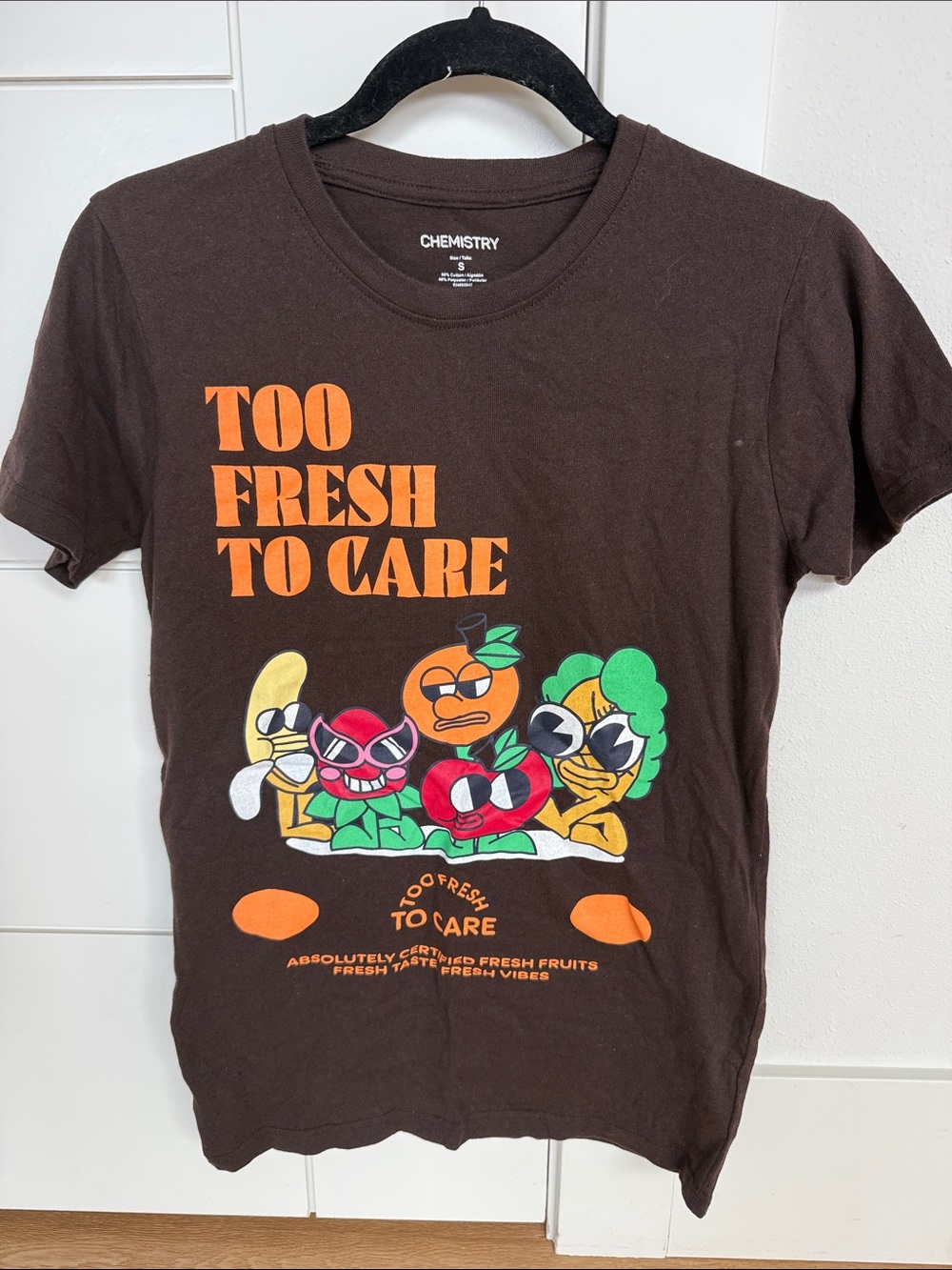 Chemistry "Too Fresh To Care" Brown Tee with Orange, Green, Yellow, Red Accents